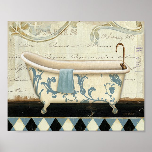 Weiße und blaue Vintage Badewanne Poster (Vorne)
