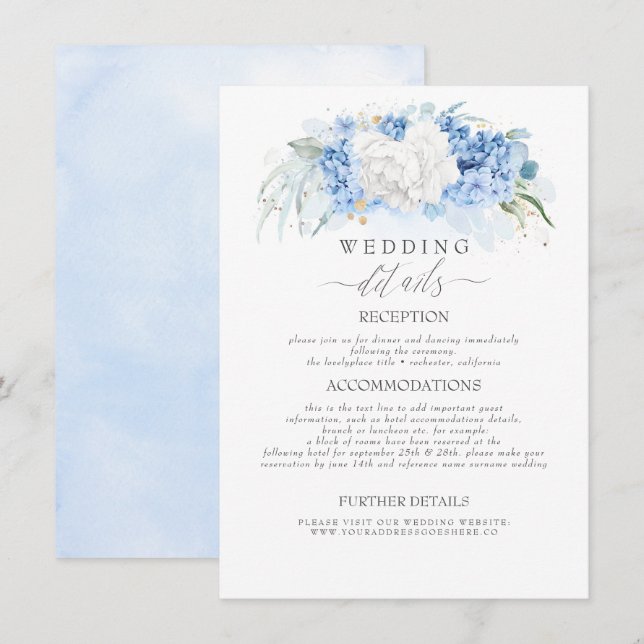Weiße und dunkelblaue Blumen Hochzeitsinformatione Begleitkarte (Vorne/Hinten)