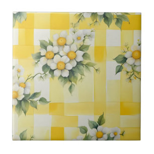 Weiße und gelbe Blumen auf dem Gelben Karo des Bau Fliese