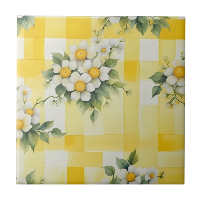 Weiße und gelbe Blumen auf dem Gelben Karo des Bau Fliese (Vorderseite)