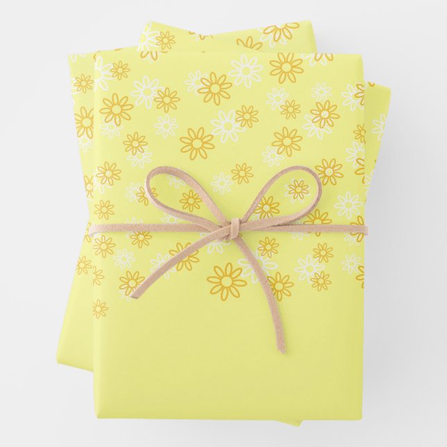 Weiße und gelbe Blumen auf Pastellgelb Geschenkpapier Set (Beispiel)