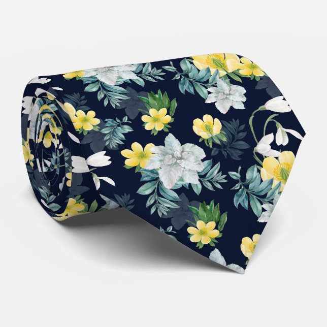 Weiße und gelbe Blumen Blumenmuster Krawatte (Gerollt)