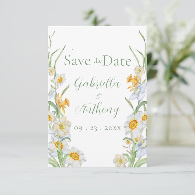 Weiße und gelbe Daffodische Blumenschrift Save The Date (Stehend Vorderseite)