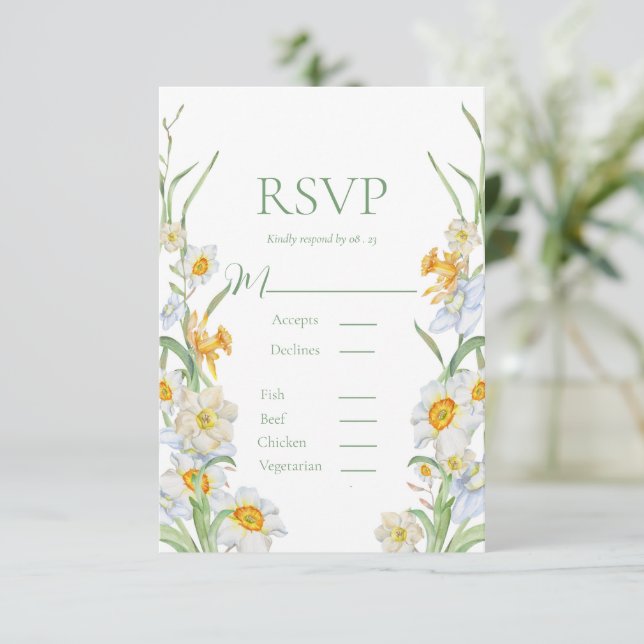Weiße und gelbe Nadelhöhle mit Blumenrahmen, grüne RSVP Karte (Stehend Vorderseite)