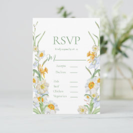 Weiße und gelbe Nadelhöhle mit Blumenrahmen, grüne RSVP Karte