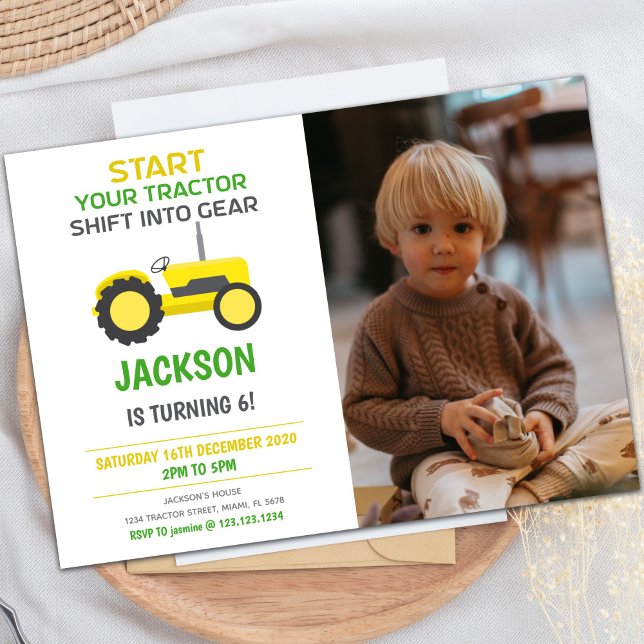 Weiße und gelbe Traktoren Einladung zum Geburtstag (White Yellow Tractor Birthday Invitations w photo)