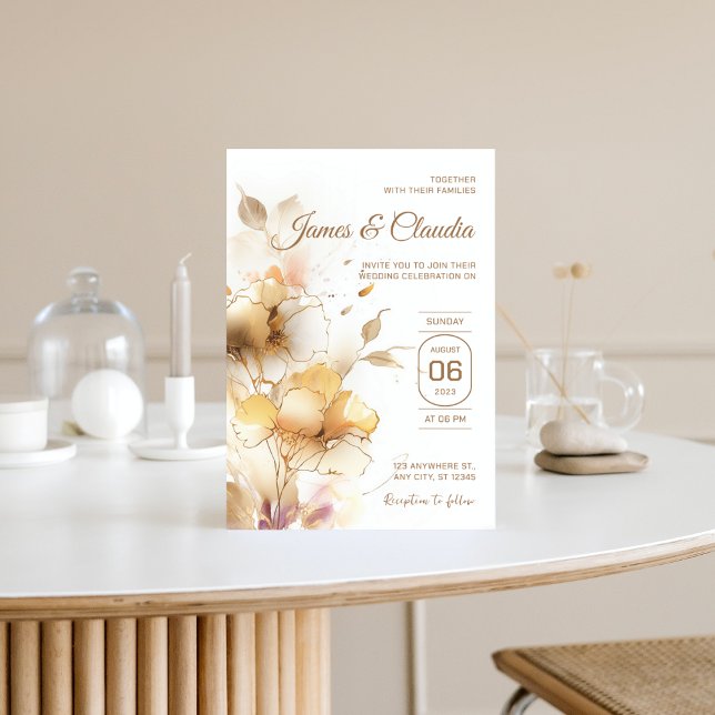 Weiße und goldblütige Rustikale Moderne Hochzeit G Einladung (Golden floral chic wedding Invitation)