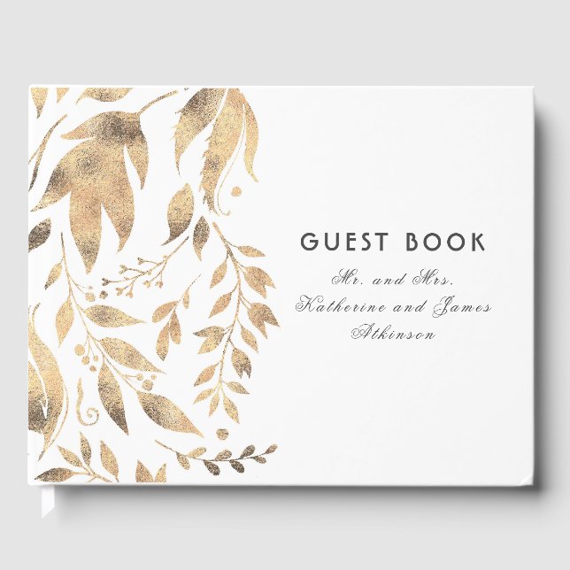 Weiße und goldene Blätter Elegante Hochzeit im Her Gästebuch (Vorderseite)