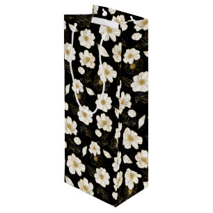 Weiße und goldene Blumen auf Schwarz Geschenktüte Für Weinflaschen