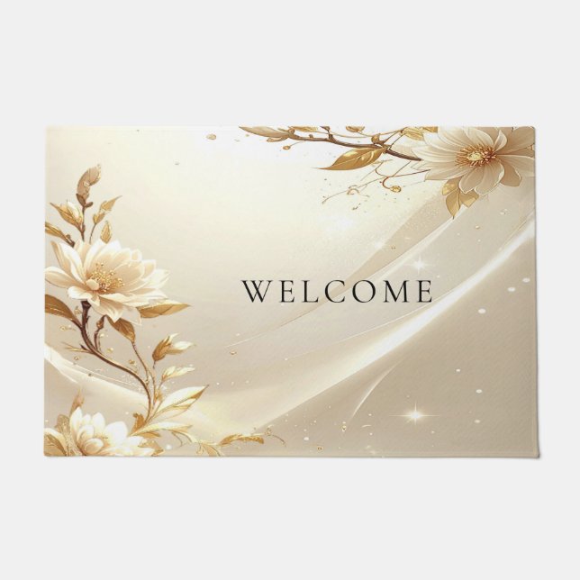 Weiße und goldene Blumen Fußmatte (Vorderseite)