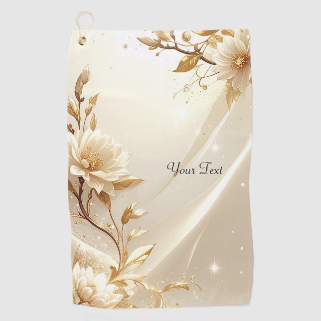 Weiße und goldene Blumen Golfhandtuch (Vorderseite)