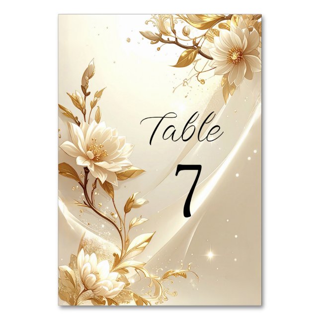 Weiße und goldene Blumen Tischnummer (Vorderseite)