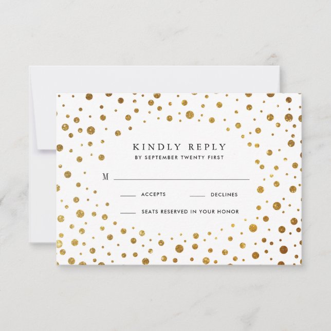 Weiße und goldene Confetti Foil Wedding RSVP Cards (Vorderseite)