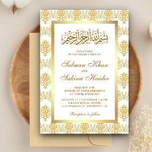 Weiße und goldene Damast-Islam-Hochzeit Muslimisch Einladung