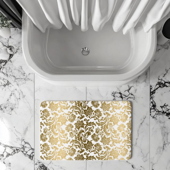 Weiße und goldene florale Damastmuster Badematte (Von Creator hochgeladen)