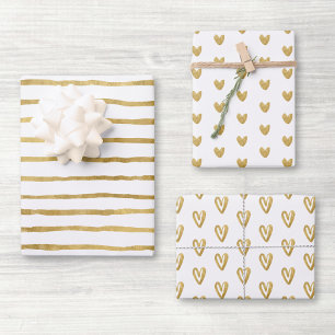 Weiße und goldene Herzen Geschenkpapier Set