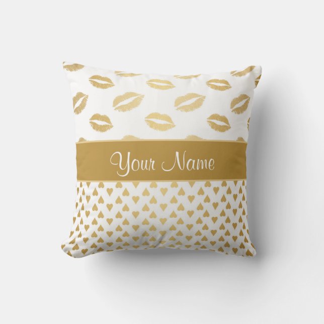 Weiße und goldene Küsse und Liebe Herz Kissen (Vorderseite)