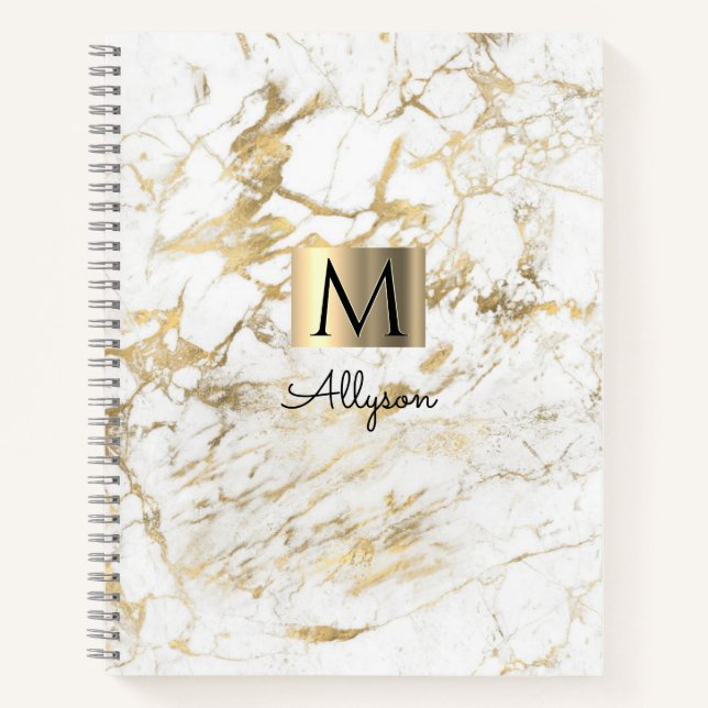 Weiße und goldene Marmor, Goldbox, Name & Monogram Notizbuch (Vorderseite)