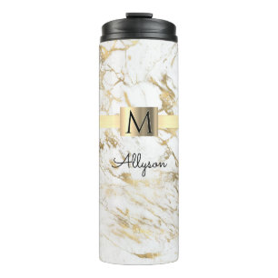 Weiße und goldene Marmor, Goldbox, Name & Monogram Thermosbecher