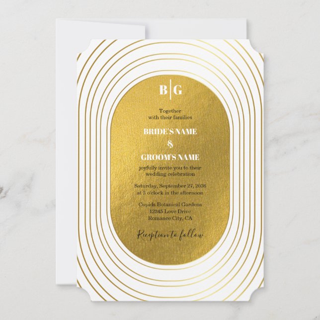Weiße und goldene moderne Minimalistische Arch-Hoc Einladung (Vorderseite)