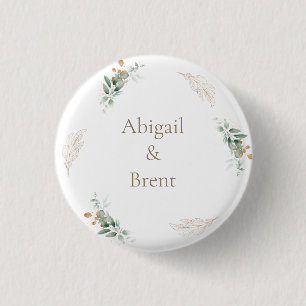 Weiße und goldene personalisierte Blatt-Hochzeit Button