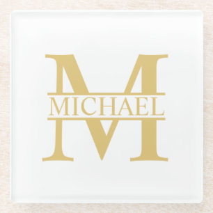 Weiße und goldene personalisierte Monogramm und Na Glasuntersetzer