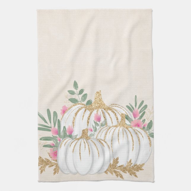 Weiße und goldene Pumpkins Wasserfarbe Geschirrtuch (Vertikal)