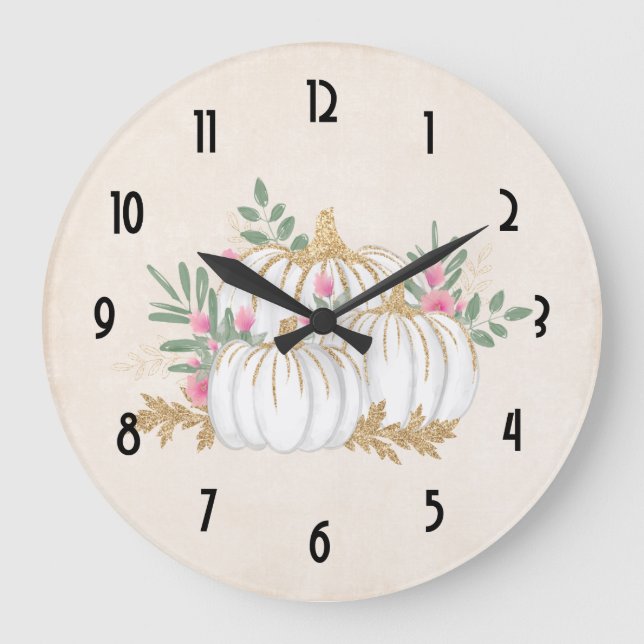 Weiße und goldene Pumpkins Wasserfarbe Große Wanduhr (Vorderseite)
