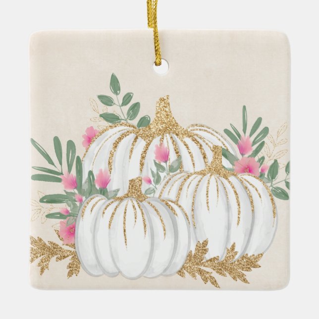 Weiße und goldene Pumpkins Wasserfarbe Keramikornament (Vorderseite)