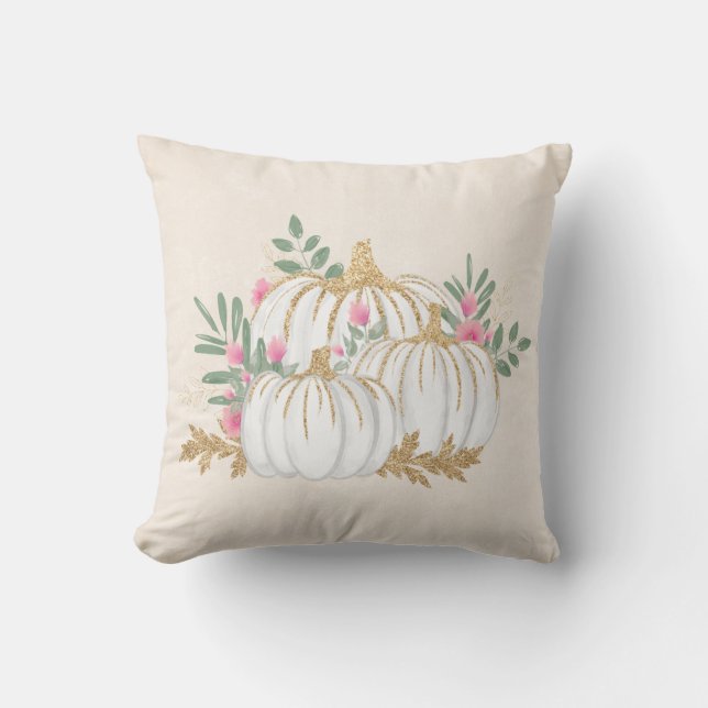Weiße und goldene Pumpkins Wasserfarbe Kissen (Vorderseite)
