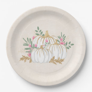 Weiße und goldene Pumpkins Wasserfarbe Pappteller