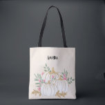 Weiße und goldene Pumpkins Wasserfarbe Tasche<br><div class="desc">Eine Tasche mit extravaganten Wasserfarbe weiße Kürbis mit Akzenten der Imitate Gold Glitzer. Umgeben von grünen Blätter und rosa wilden Blume.</div>