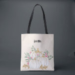 Weiße und goldene Pumpkins Wasserfarbe Tasche<br><div class="desc">Eine Tasche mit extravaganten Wasserfarbe weiße Kürbis mit Akzenten der Imitate Gold Glitzer. Umgeben von grünen Blätter und rosa wilden Blume.</div>