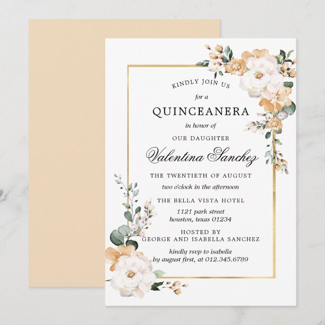 Weiße und goldene Rose Blumenquinceanera Einladung (Vorne/Hinten)