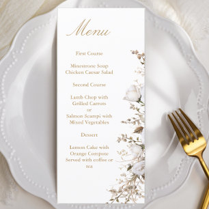 Weiße und goldene Rose Elegante Botanische Hochzei Menükarte