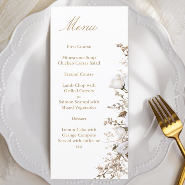 Weiße und goldene Rose Elegante Botanische Hochzei Menükarte (Von Creator hochgeladen)