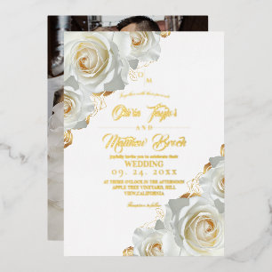 Weiße und goldene Rosen Florale Hochzeit Folieneinladung