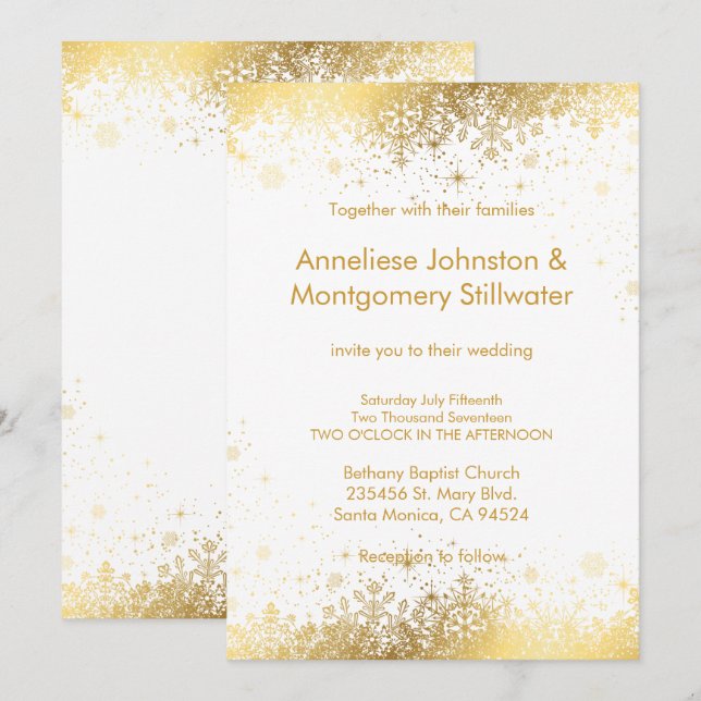 Weiße und goldene Schneeflocken Einladung Hochzeit (Vorne/Hinten)