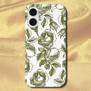 Weiße und goldene Vintage-Rosen Ätzung auf Weiß iPhone 16 Hülle
