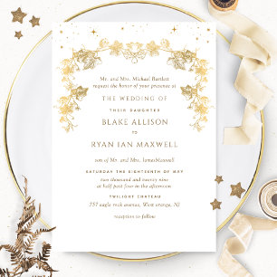 Weiße und goldene zauberhafte feierliche Hochzeit Einladung