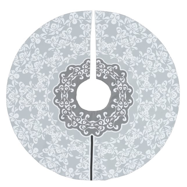 Weiße und graue Blumenzierkronen Polyester Weihnachtsbaumdecke (Vorderseite)