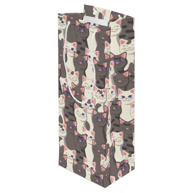Weiße und graue Katzen Geschenktüte Für Weinflaschen (Rückseite Schrägansicht)
