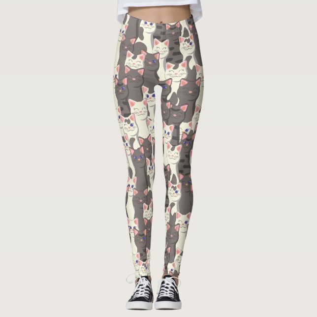Weiße und graue Katzen Leggings (Vorderseite)
