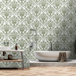 Weiße und grüne Damassohle Blütenschale und -stift Tapete