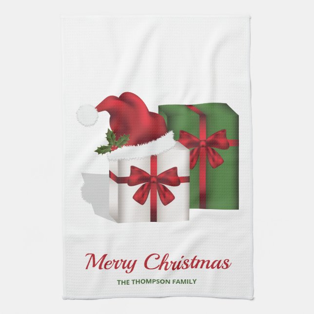 Weiße und grüne Geschenkboxen mit Weihnachtsmannmü Geschirrtuch (Vertikal)