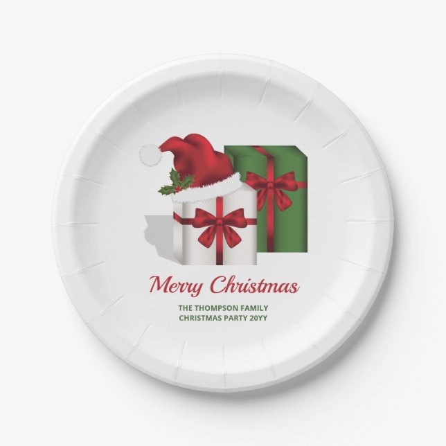 Weiße und grüne Geschenkboxen mit Weihnachtsmannmü Pappteller (Vorderseite)