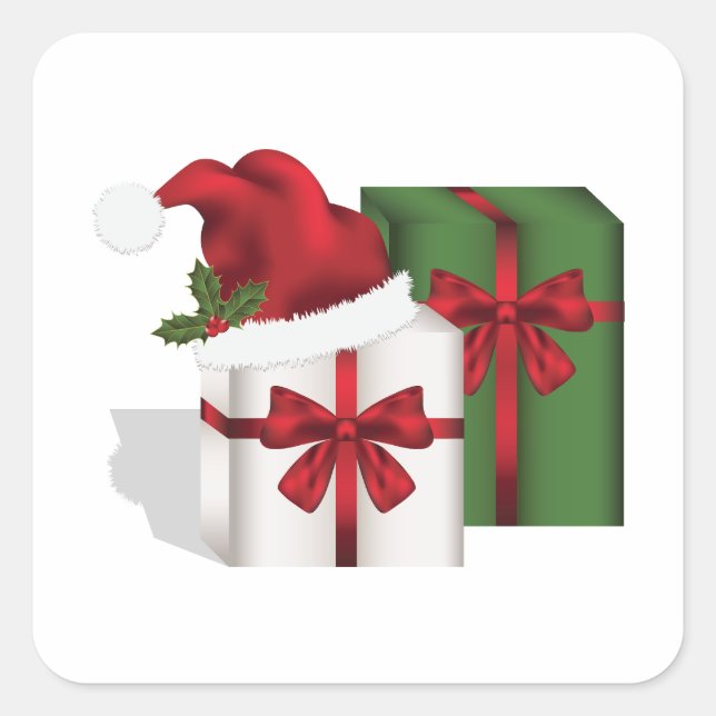 Weiße und grüne Geschenkboxen mit Weihnachtsmannmü Quadratischer Aufkleber (Vorderseite)