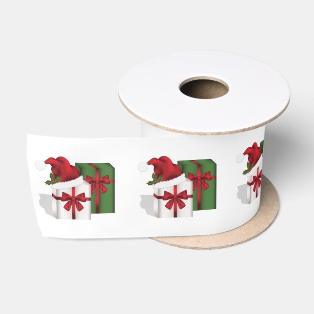 Weiße und grüne Geschenkboxen mit Weihnachtsmannmü Satinband (Spule)