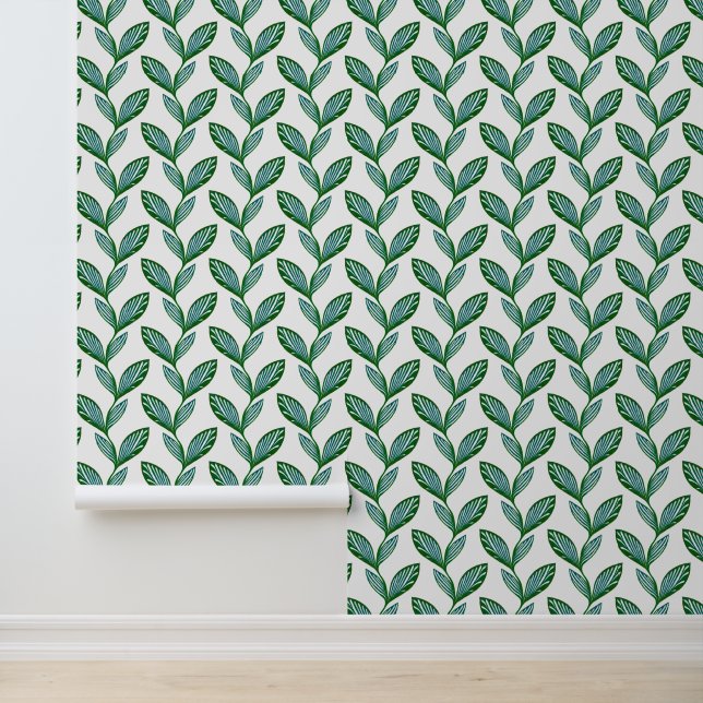 Weiße und grüne Natur Cool Moderne Foliage Zeichne Tapete (Anwendung)