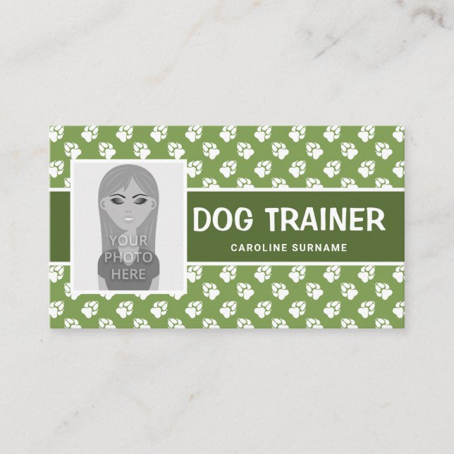 Weiße und grüne Paws & Foto-Vorlage - Dog Trainer Visitenkarte (Vorderseite)